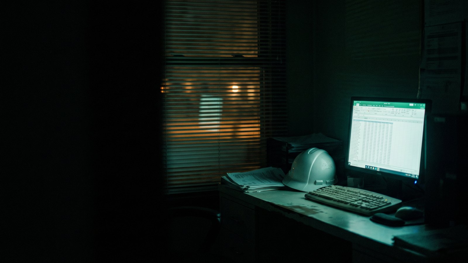 A contractor's office after hours, one monitor still showing the CRM