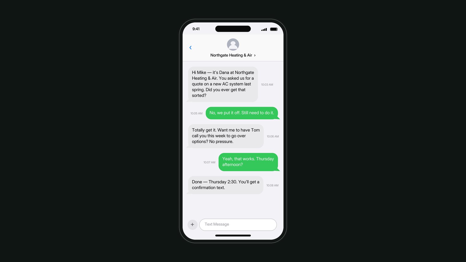 A text conversation from the company that ends in a booked call